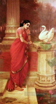 ラジャ・ラヴィ・ヴァルマ Painting - ナラについてロイヤル・スワンと話すラヴィ・ヴァルマ・ダマヤンティ王女